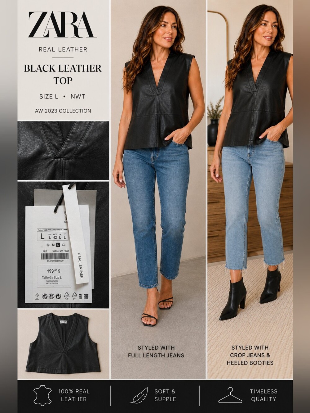 ZARA Large Black Real Leather Sleeveless Top Designer Collection 2023